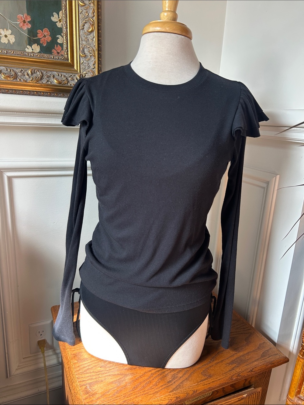 GAP Black Long-Sleeve Ruffle Shoulder Bodysuit